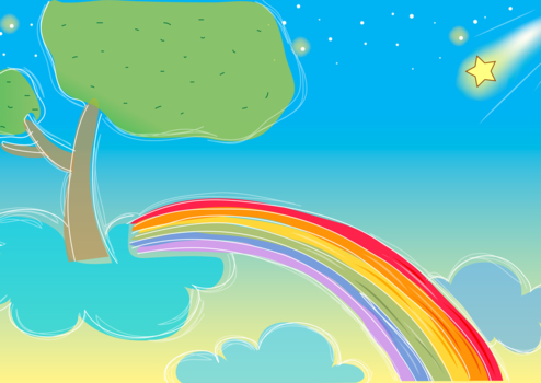 樹と虹と空と星、POPな背景