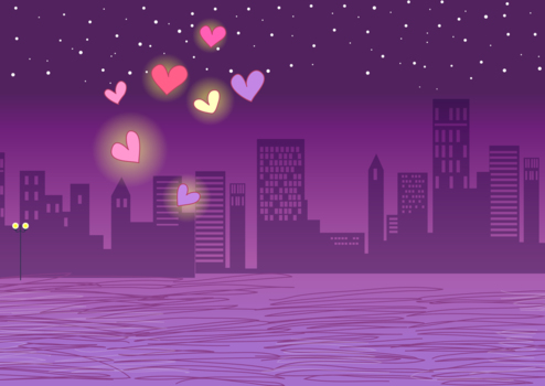 紫の夜の街並み、ハート、POPな背景