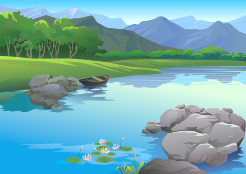 山間の湖、絵画風、風景