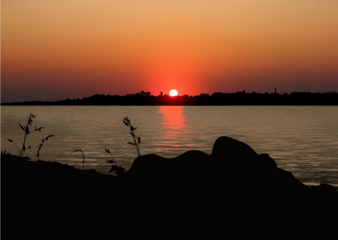 きれいな夕日、水面に揺れる夕日、赤、風景