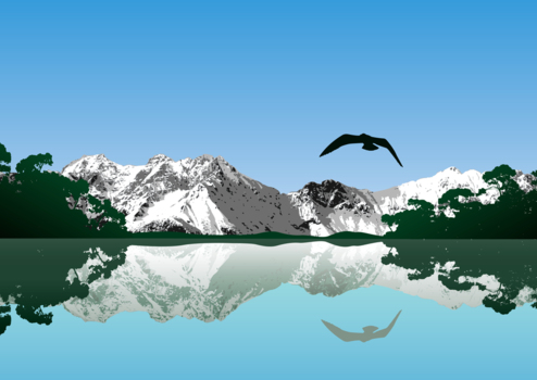 湖面に映る美しい雪山と鳥、写真風、風景