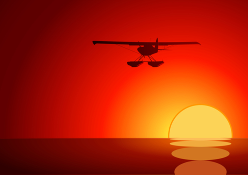 赤い夕陽に浮かぶ水上飛行機、ポップ、風景