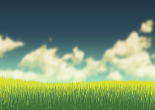 草原とぼけた雲、黄色、青、風景
