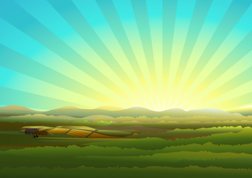 産官の農村の朝日、太陽、緑、山、風景