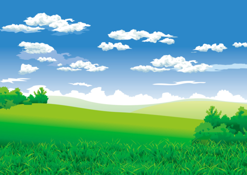 初夏の草原と空、雲、緑、風景