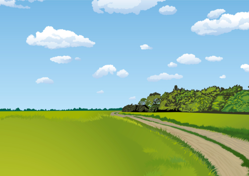 田舎の農道、緑、空、雲、風景