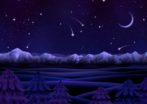 幻想的な雪山の夜空、星、流星、三日月、風景