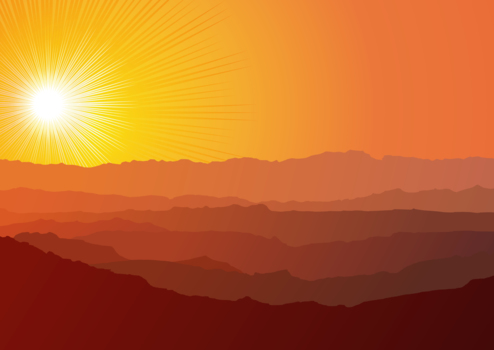 山並の朝焼け、赤、太陽、光、風景