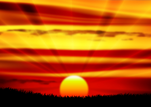 草原の朝焼け、赤、太陽、光、風景