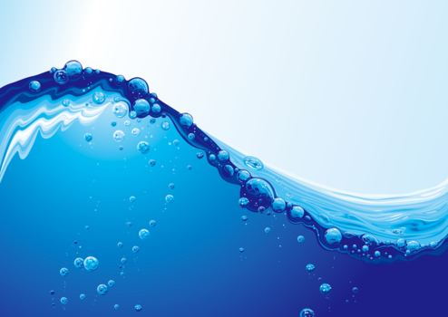 大きく揺れる水の曲線、泡、青、水